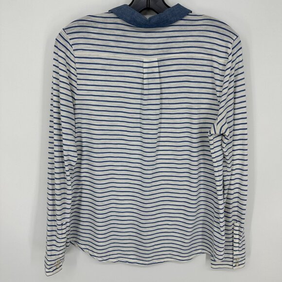 3/$25 LOFT Striped Polo Top MP Button Down Chambray White - Picture 2 of 8